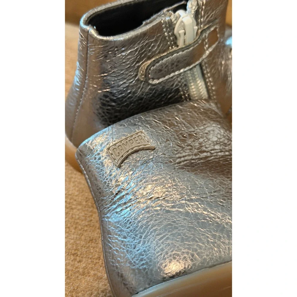 Camper Peu Cami Baby Boots Metallic Silver Leather Bow Zip EU 21 US 5.5 Toddler